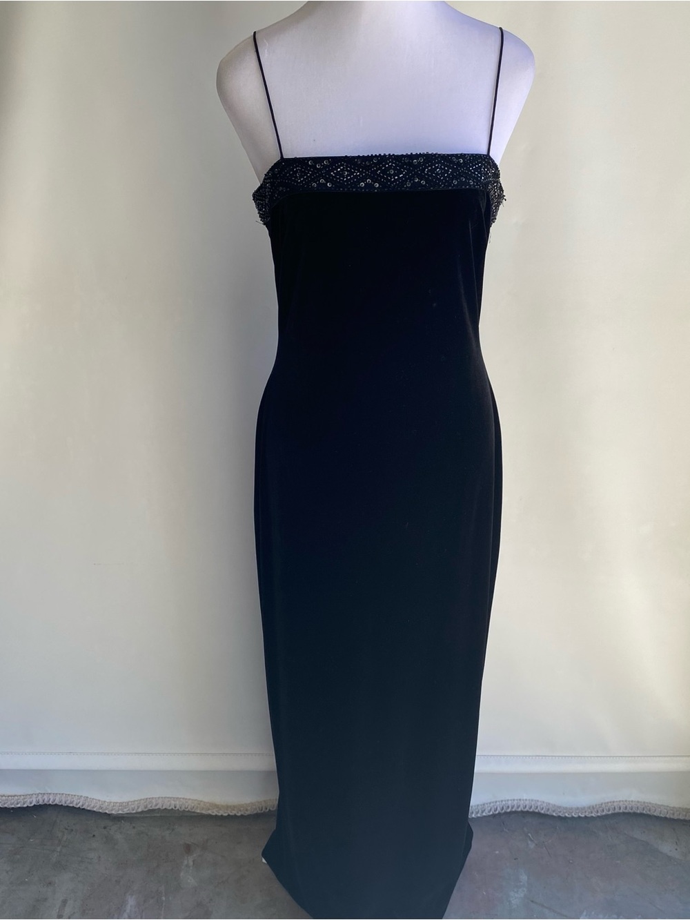 Delaru vintage 90s black velvet floor length beaded spaghetti strap evening gown